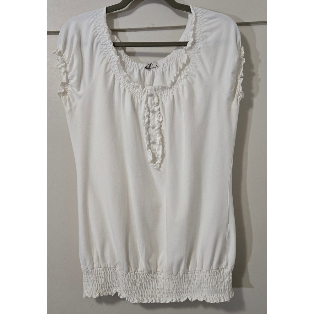 Romy Women's XL Boho-Chic Off-White Peasant Top Ruffle Smocked Hem Cap Sleeve